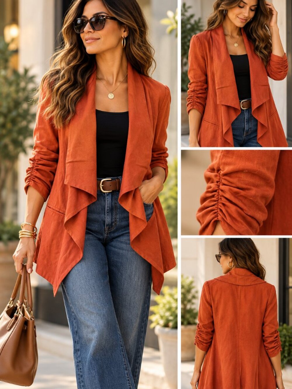 Karen Kane S Rust Tencel Linen Waterfall Jacket Ruched Sleeve Made USA Boho